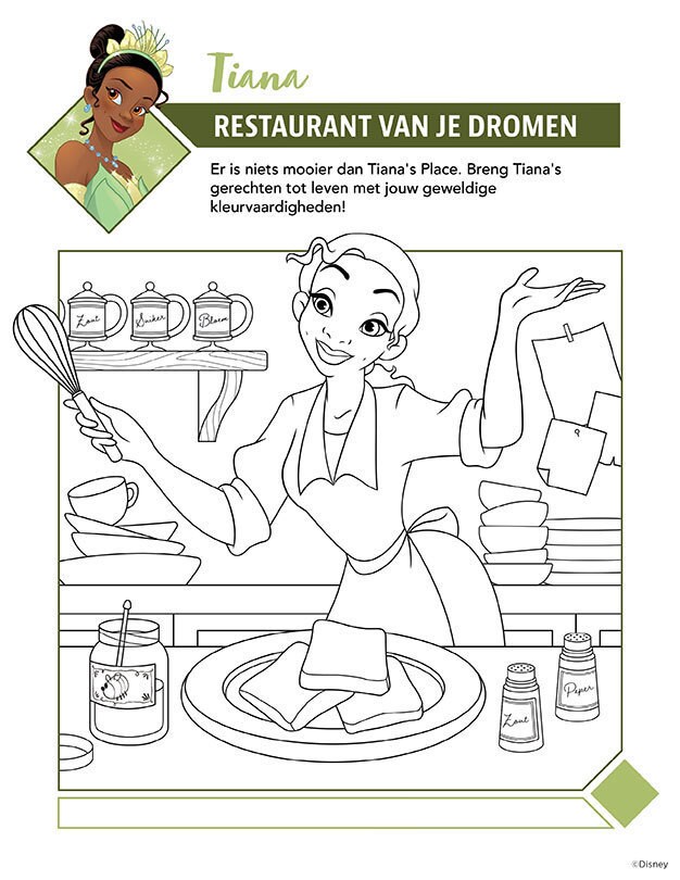 Kleurplaat met Tiana uit De Prinses en de Kikker, terwijl ze kookt in haar droomrestaurant.