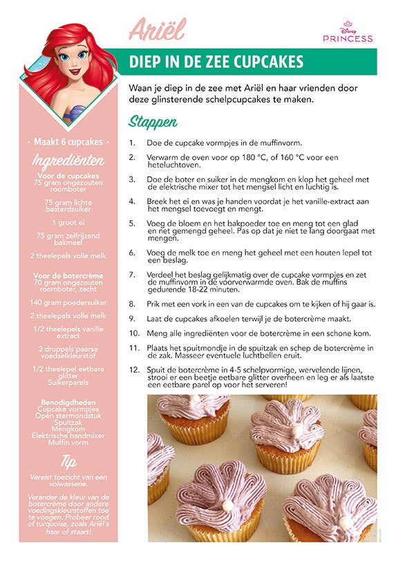 Een receptenkaart genaamd  "Diep in de Zee Cupcakes", geïnspireerd op Ariël van Disney's De Kleine Zeemeermin met glimmende schelpencupcakes.