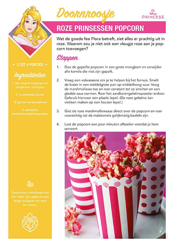 Receptenkaart ‘Prinsessenroze Popcorn’ geïnspireerd op Doornroosje, met aardbeienpopcorn.