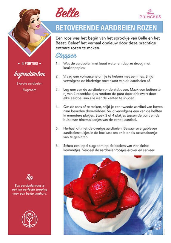 Receptenkaart ‘Betoverende Aardbeien rozen’ geïnspireerd op Belle uit Belle en het Beest, met feestelijke aardbeientraktaties.