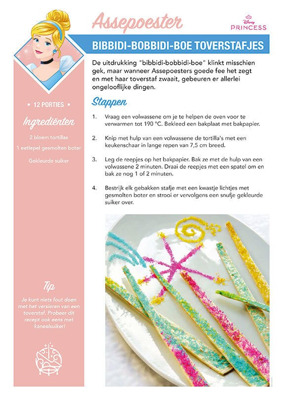 Receptenkaart ‘Magische Toverstafjes’ geïnspireerd op Assepoester, met zoete tortillastokjes.