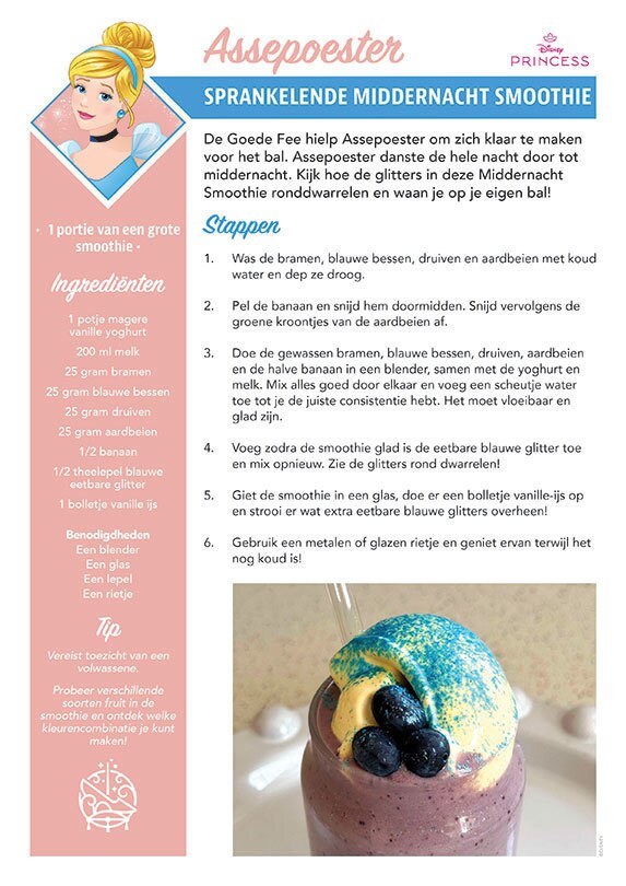 Een receptenkaart genaamd "Sprankelende Middernacht Smoothie", geïnspireerd op Assepoester van Disney's Assepoester.