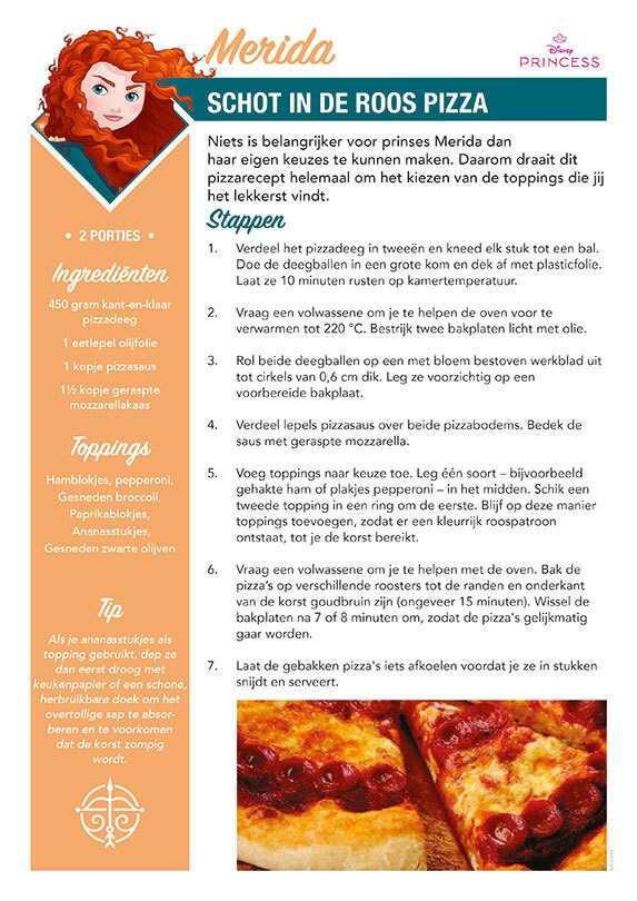 Receptenkaart ‘Roos-pizza’ geïnspireerd op Merida uit Brave, met toppings in schietroosstijl.