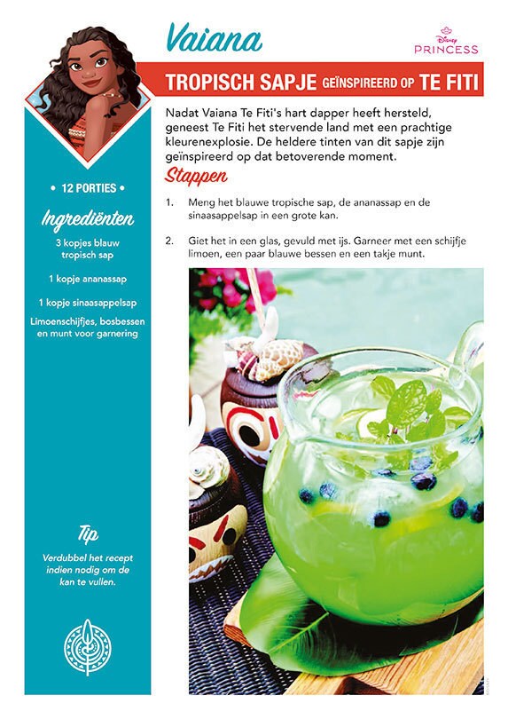 Receptenkaart ‘Tropische Te Fiti-sap’ geïnspireerd op Vaiana, met een kleurrijke tropische drank.