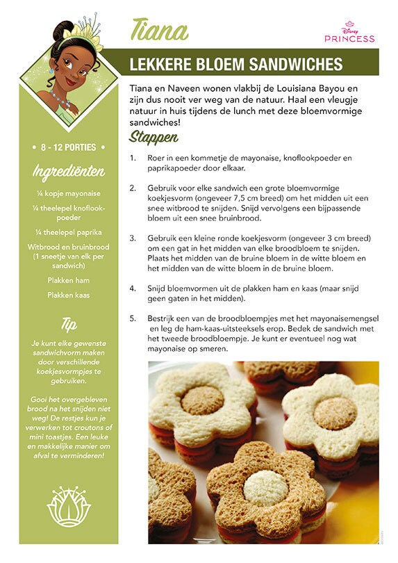 Receptenkaart ‘Lekkere Bloem sandwiches’ geïnspireerd op Tiana uit De Prinses en de Kikker, met sandwiches in bloemvorm.