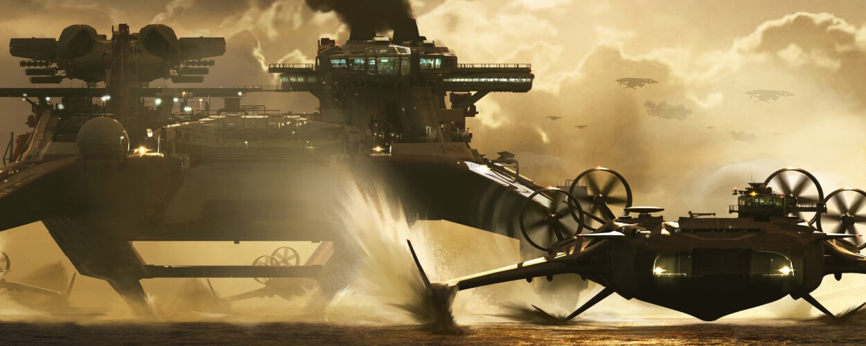 Concept art of an RDA Factory Ship from Avatar: Fire and Ash.