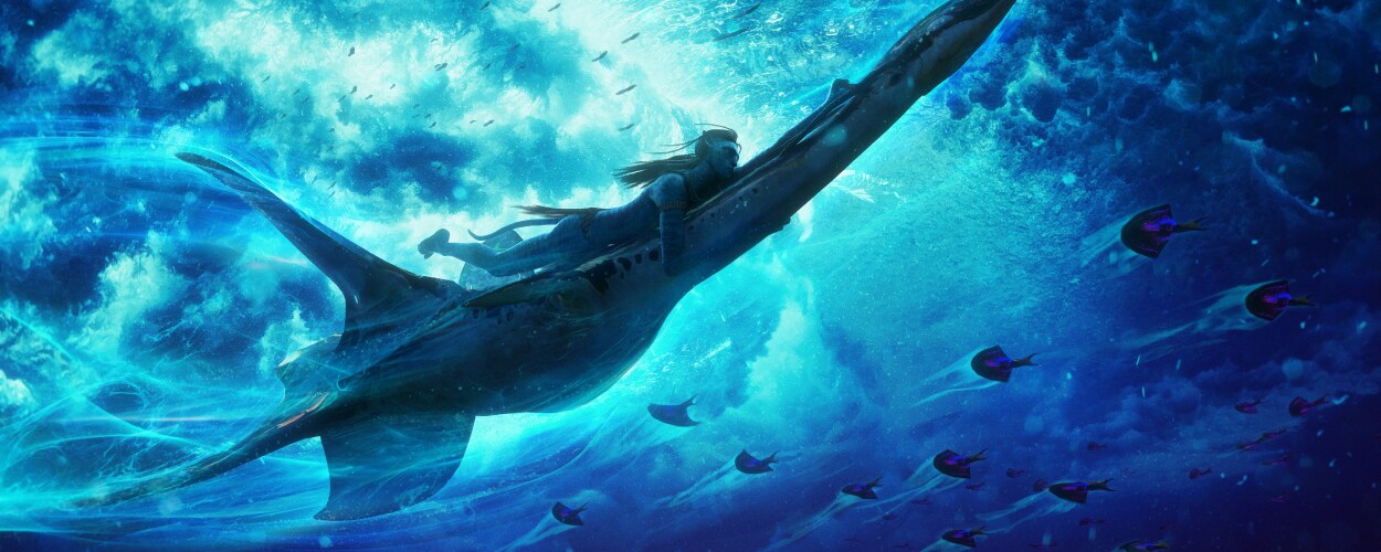 Concept art of Lo'ak riding an ilu in the ocean.