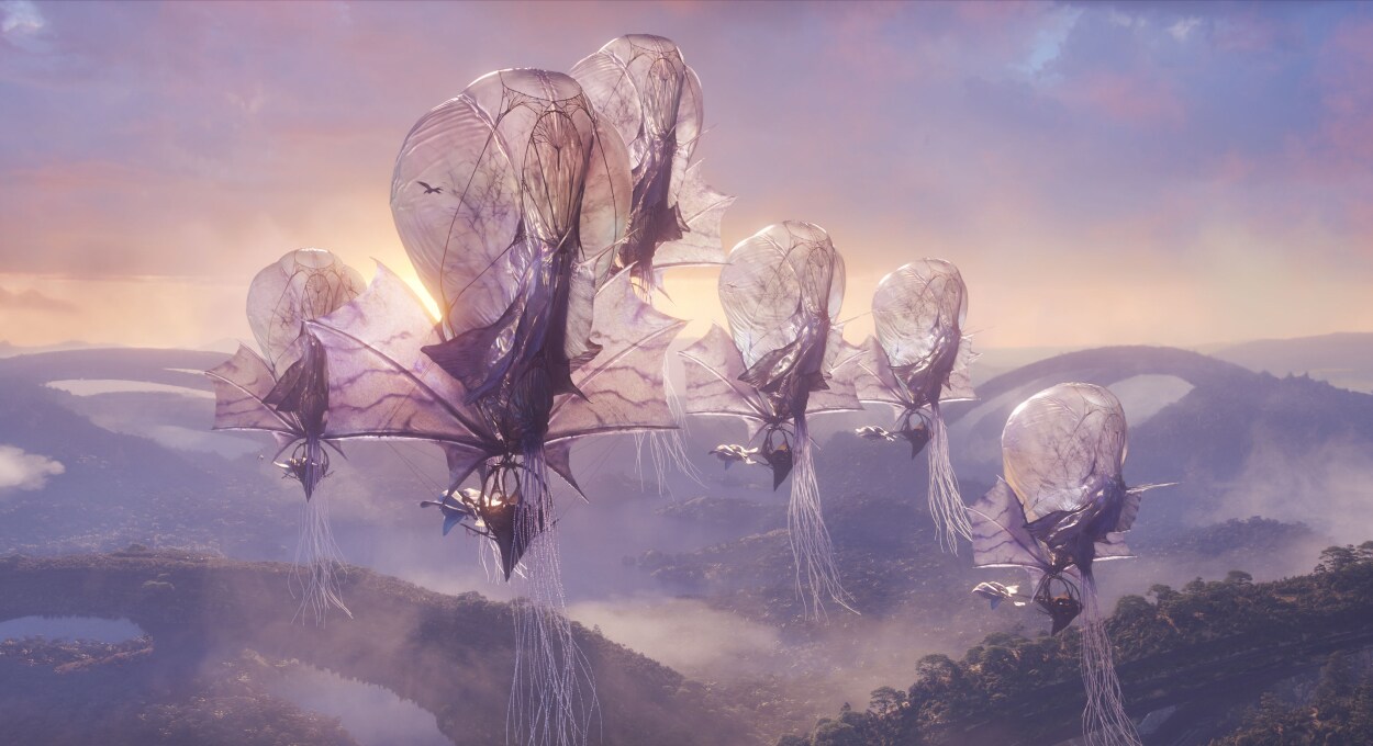 The nomadic Wind Traders soar above the skies of Pandora in the 20th Century Studios movie "Avatar: Fire and Ash."