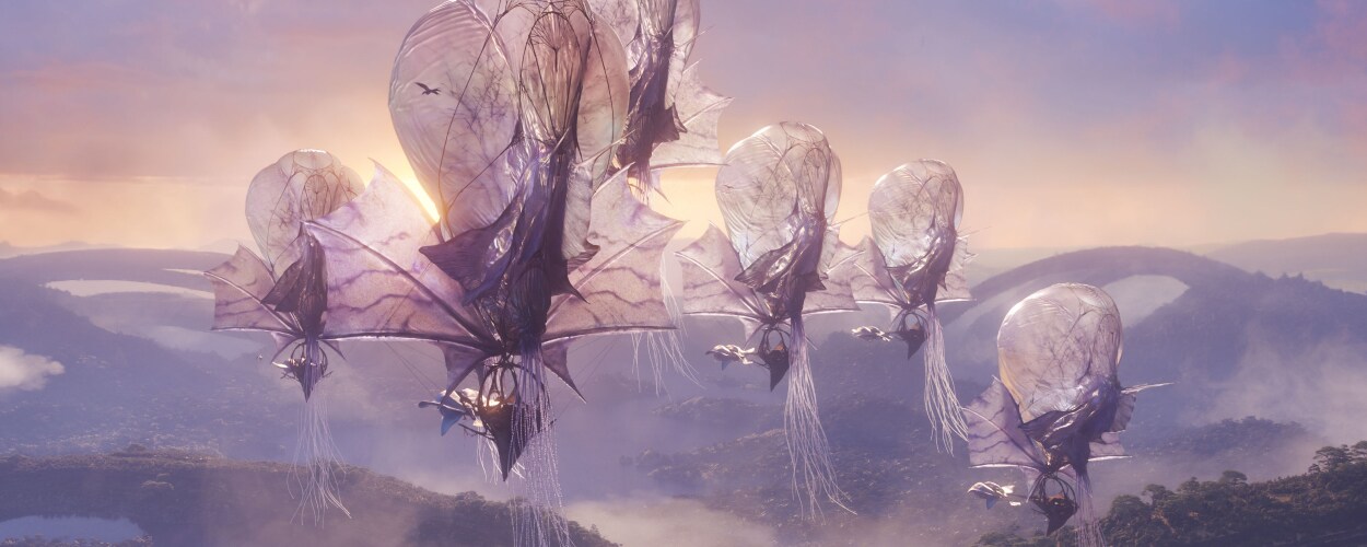 The nomadic Wind Traders soar above the skies of Pandora in the 20th Century Studios movie "Avatar: Fire and Ash."