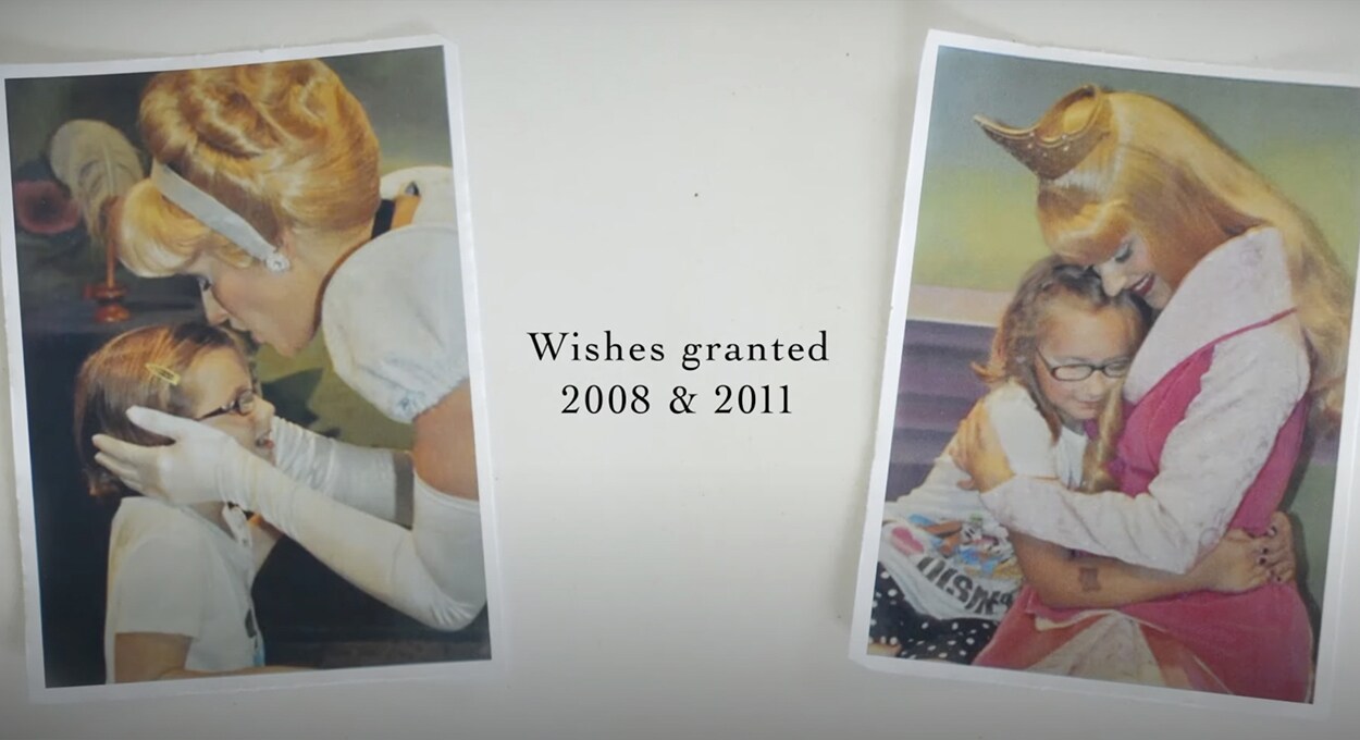 Wishes granted 2008 & 2011 | Photos of two girls hugging Cinderella and Aurora.