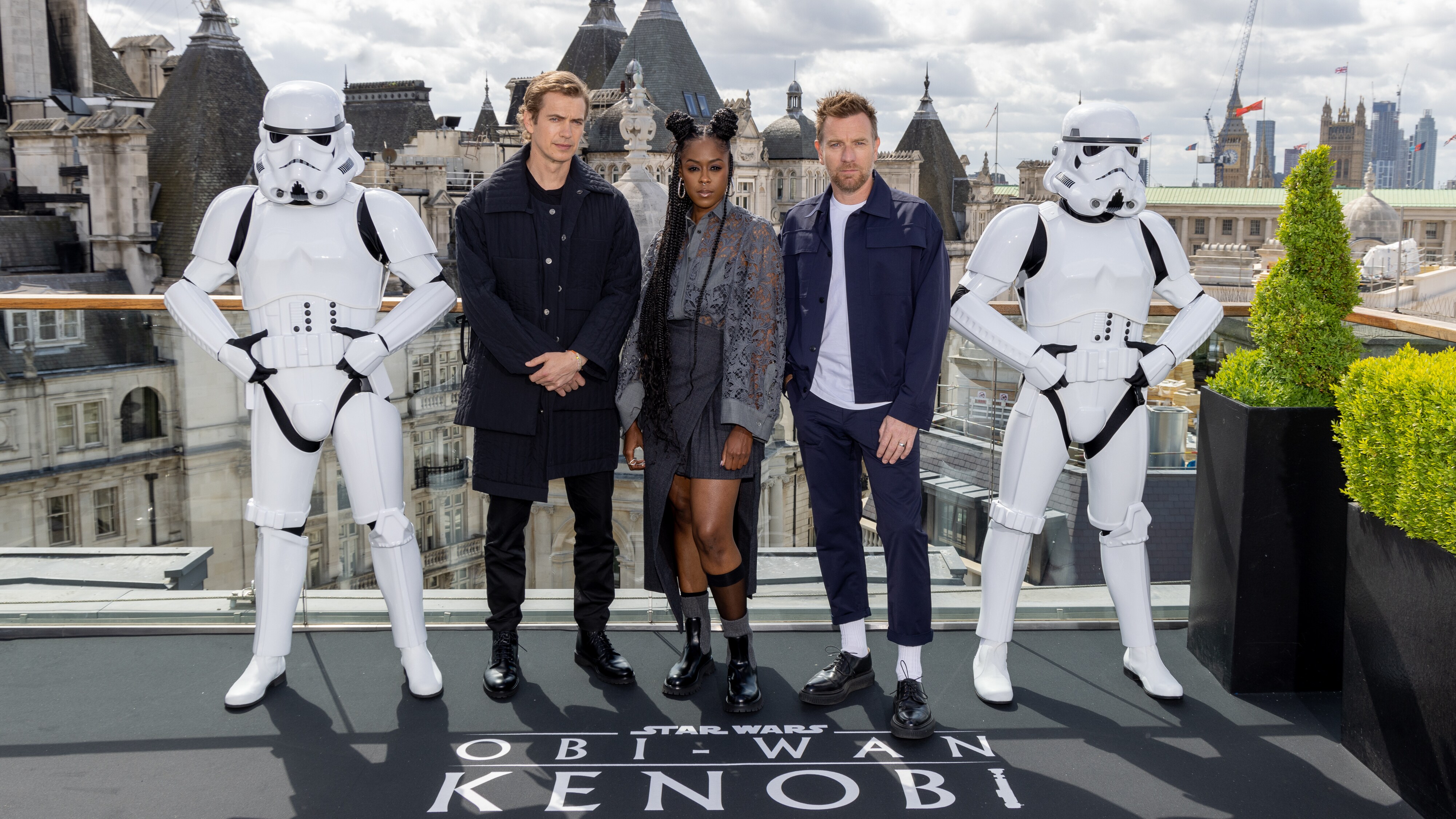 LONDON, ENGLAND - MAY 12: (L to R) Hayden Christensen, Moses Ingram and Ewan McGregor attend the photocall for the new Disney+ limited series "Obi Wan Kenobi" at the Corinthia Hotel on May 12, 2022 in London, England. Obi-Wan Kenobi will be exclusively available on Disney+ from May 27. (Photo by StillMoving.net for Disney)