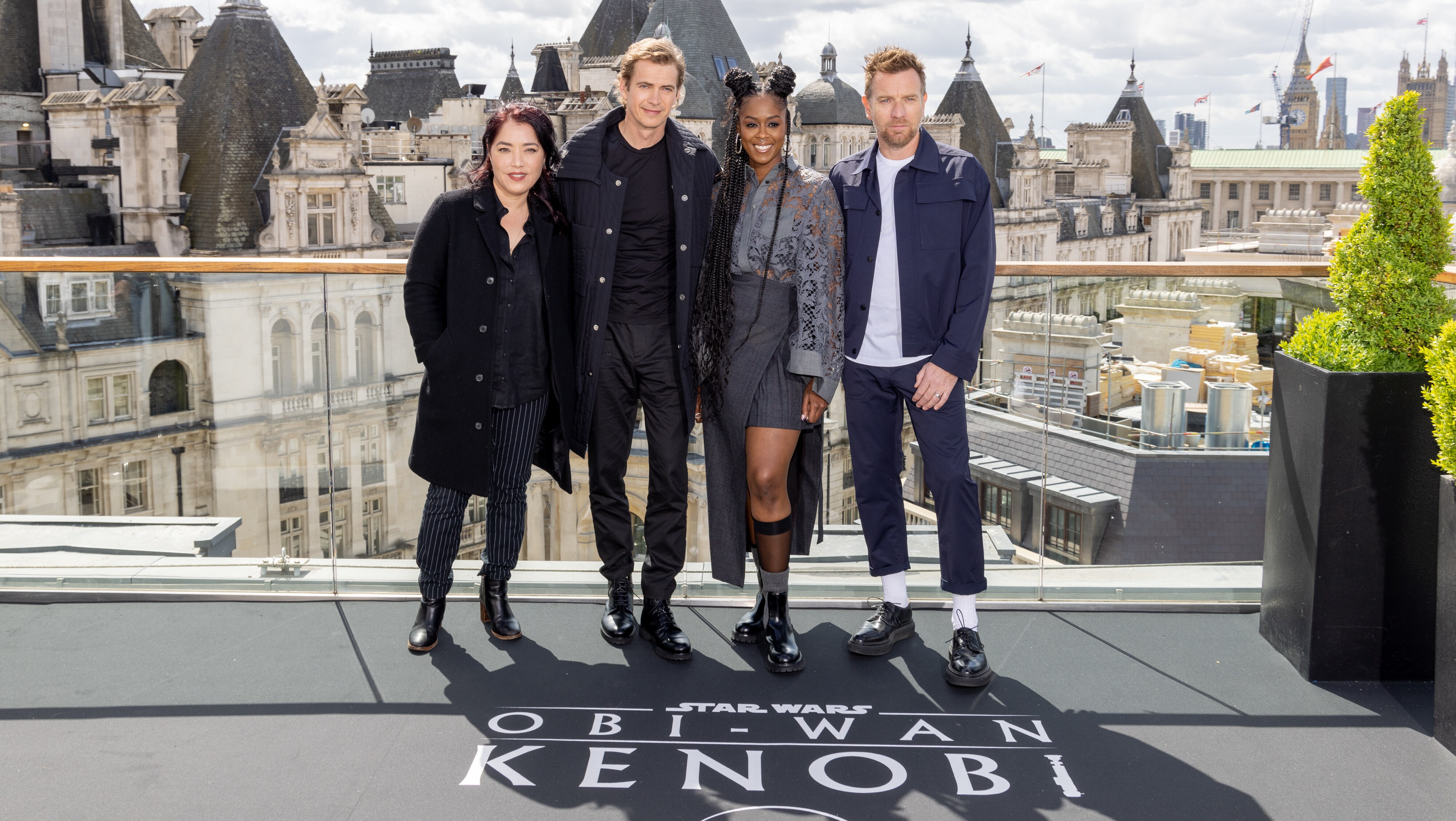 LONDON, ENGLAND - MAY 12: (L to R) Director and Executive Producer Deborah Chow, Hayden Christensen, Moses Ingram and Ewan McGregor attend the photocall for the new Disney+ limited series "Obi Wan Kenobi" at the Corinthia Hotel on May 12, 2022 in London, England. Obi-Wan Kenobi will be exclusively available on Disney+ from May 27. (Photo by StillMoving.net for Disney)