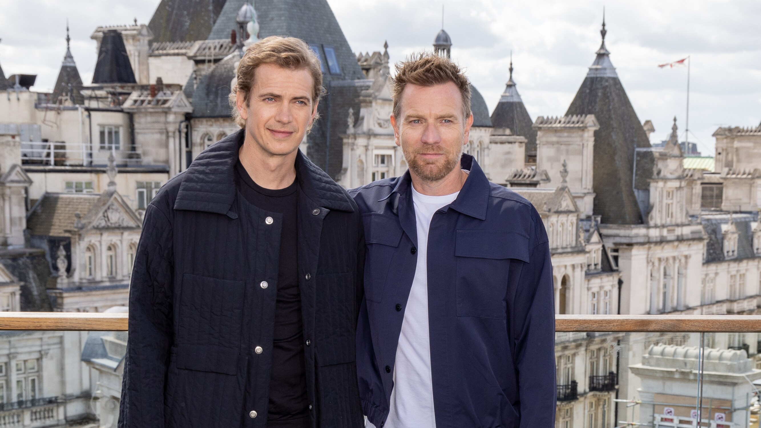 LONDON, ENGLAND - MAY 12:  Hayden Christensen and Ewan McGregor attend the photocall for the new Disney+ limited series "Obi Wan Kenobi" at the Corinthia Hotel on May 12, 2022 in London, England. Obi-Wan Kenobi will be exclusively available on Disney+ from May 27. (Photo by StillMoving.net for Disney)