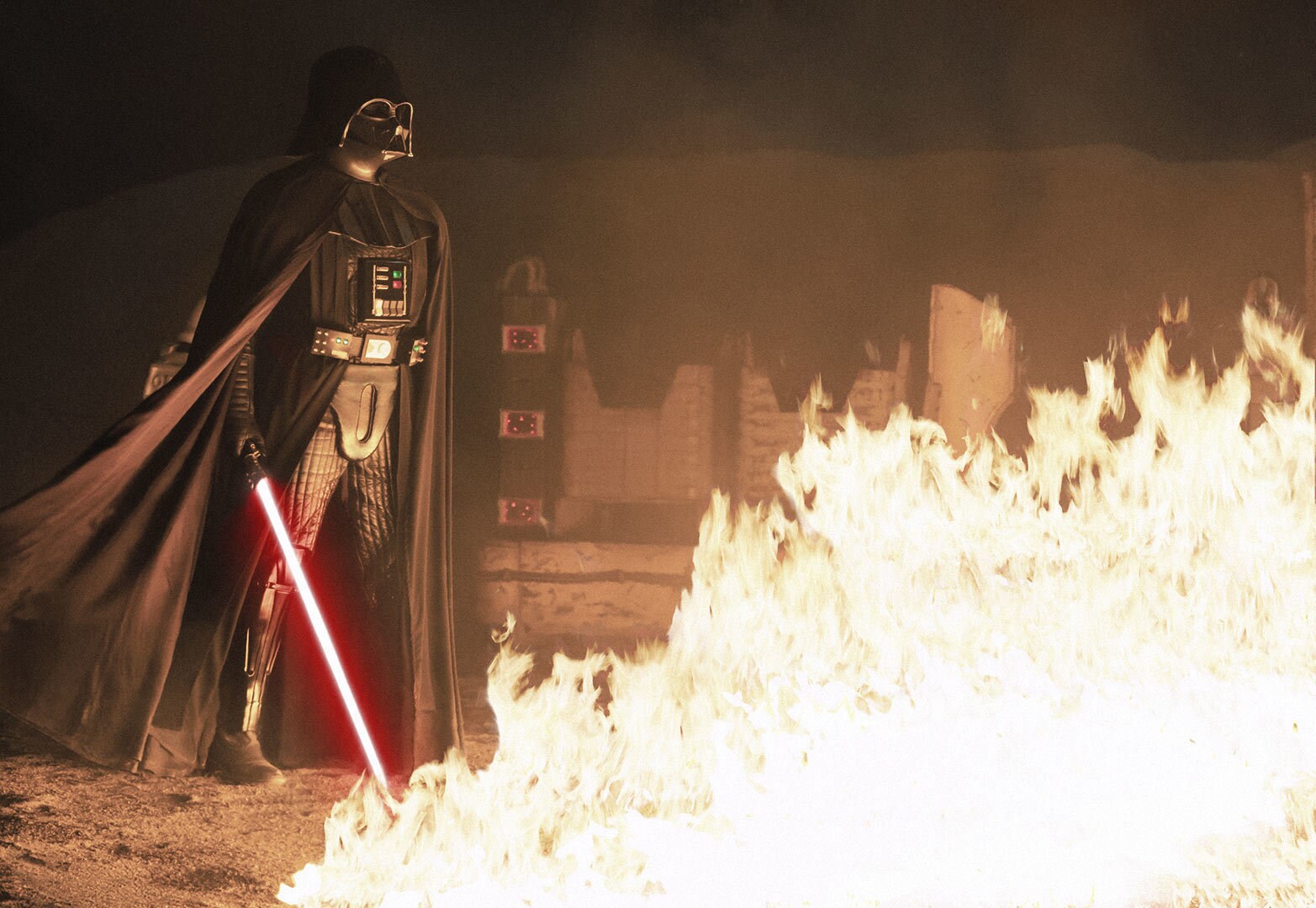 Darth Vader dueling Obi-Wan surrounded by fire