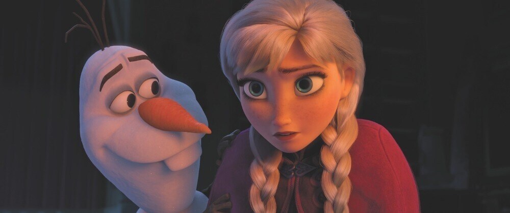 Animated characters Olaf (living snowman) and Anna, from the film "Frozen"