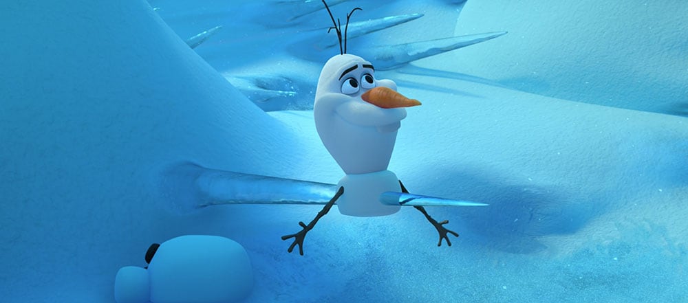 Animated character Olaf (snowman) impaled by an icicle from the movie "Frozen"