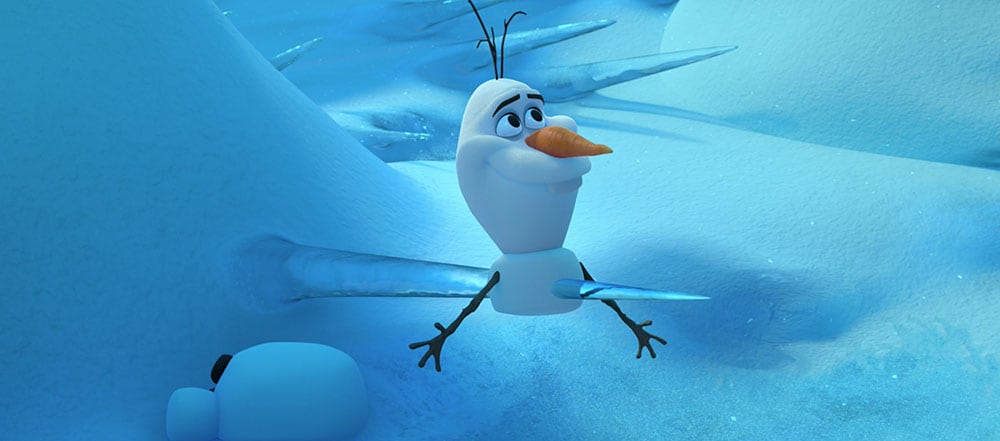 Animated character Olaf (snowman) impaled by an icicle from the movie 