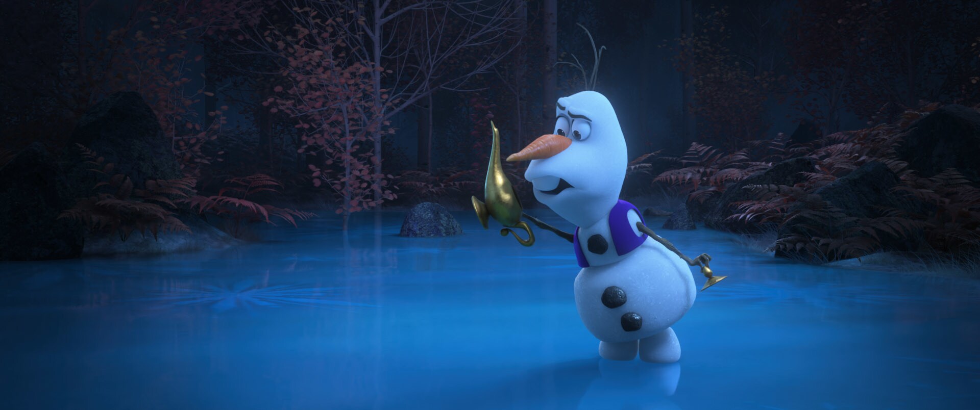 In Walt Disney Animation Studios’ new series of shorts “Olaf Presents,” Olaf steps into the spotlight and goes from snowman to showman as he takes on the roles of producer, actor, costumer and set builder for his unique “retelling” of five favorite Disney animated tales including “Aladdin.” In the short, Olaf takes on the titular role of the “street rat”-turned-Prince. Debuting exclusively on Disney+ Nov. 12, “Olaf Presents” features the voice of Josh Gad as Olaf. Disney animator Hyrum Osmond directs, and Jennifer Newfield produces. © 2021 Disney. All Rights Reserved.