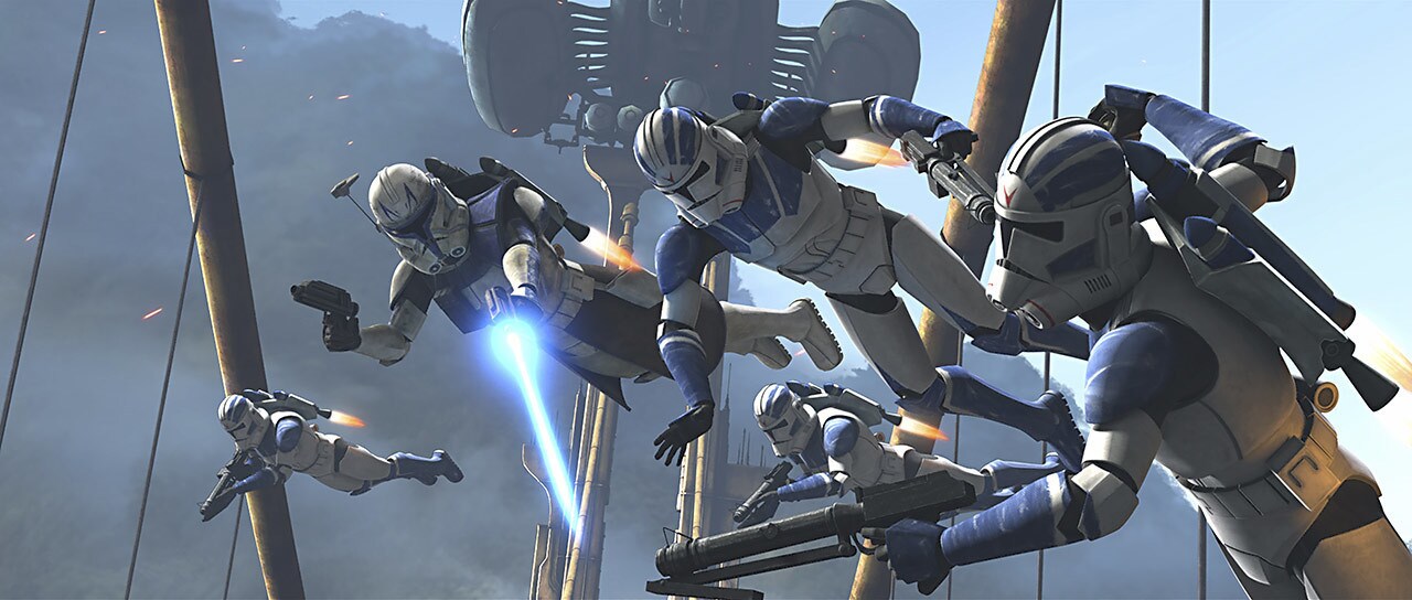 Meanwhile, Rex and the 501st, hiding beneath the bridge, join the fight! Taking to the skies with...