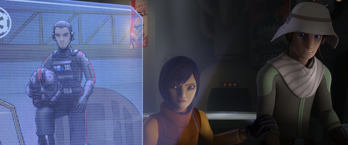 A disguised Sabine Wren and Ezra Bridger viewing a hologram of Valen Rudor