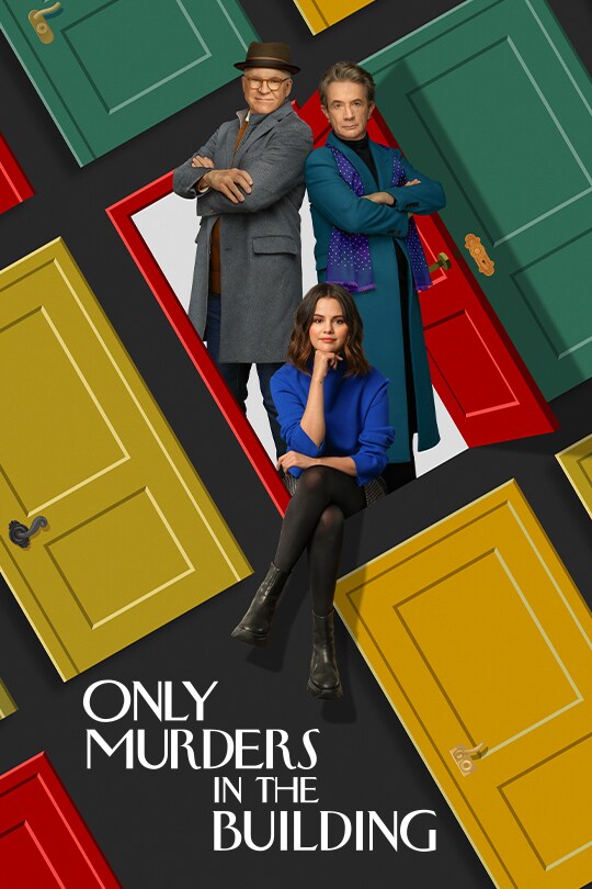Only Murders in the Building characters played by Steven Martin, Selena Gomez and Martin Short peer out of a doorway looking towards the camera.
