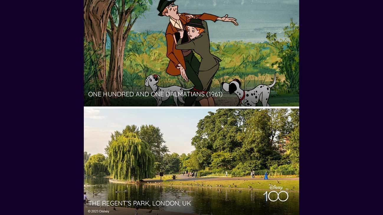 Scene from One Hundred and One Dalmatians (1961) and image of Regents park, London UK