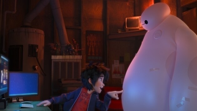 Hiro (voiced by Ryan Potter) poking Baymax (voiced by Scott Adsit) in the movie "Big Hero 6"