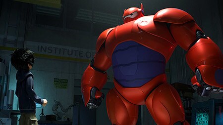 Hiro (voiced by Ryan Potter) looking at Baymax (voiced by Scott Adsit) in red armor in the movie "Big Hero 6"