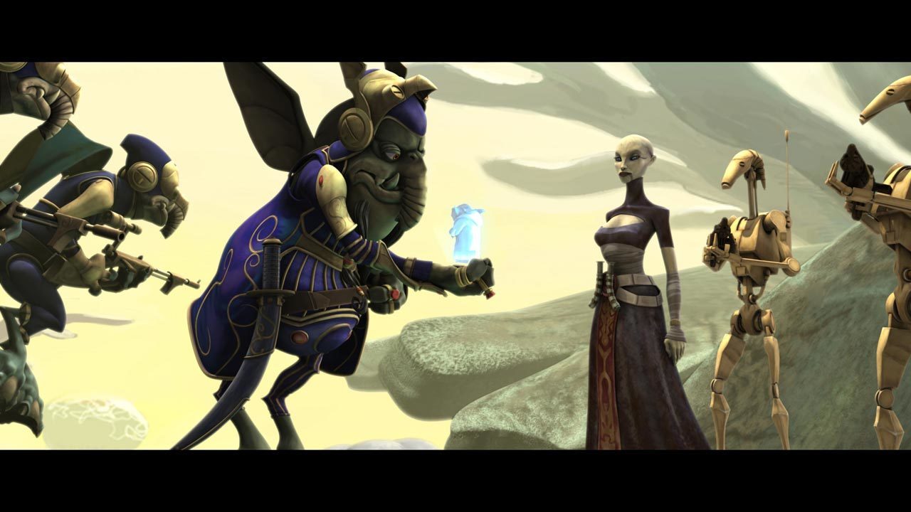On the moon of Rugosa, Ventress interrupted a planned meeting between Yoda and Toydaria's King Ka...