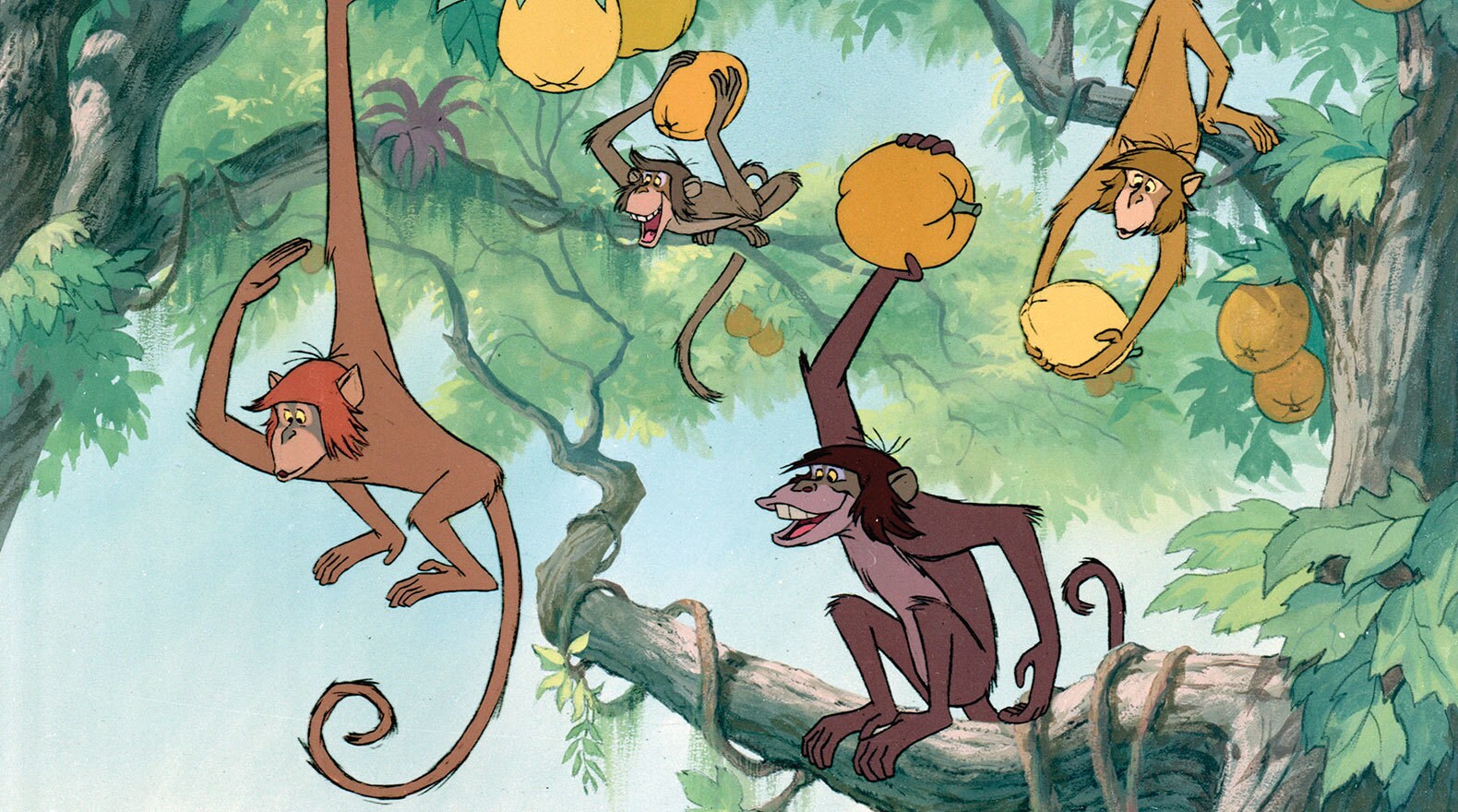 Monkeys throw fruit at Baloo (voice of Phil Harris) and create chaos from the Disney movie The Jungle Book (1967).