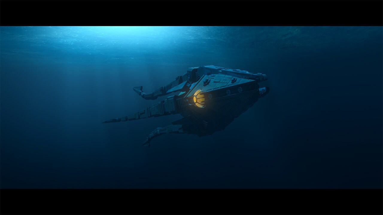 Inside Asajj's underwater Trident ship, hidden beneath the waves of Kamino, battle droids notify ...