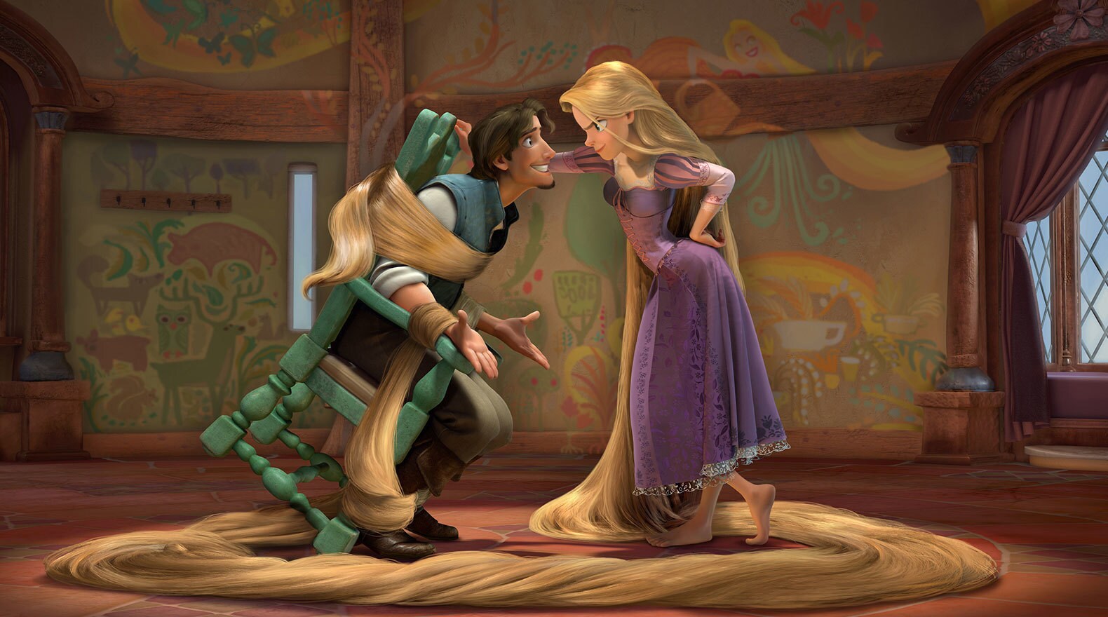 Flynn Rider voiced by Zachary Levi tied to a chair by Rapunzel's hair
