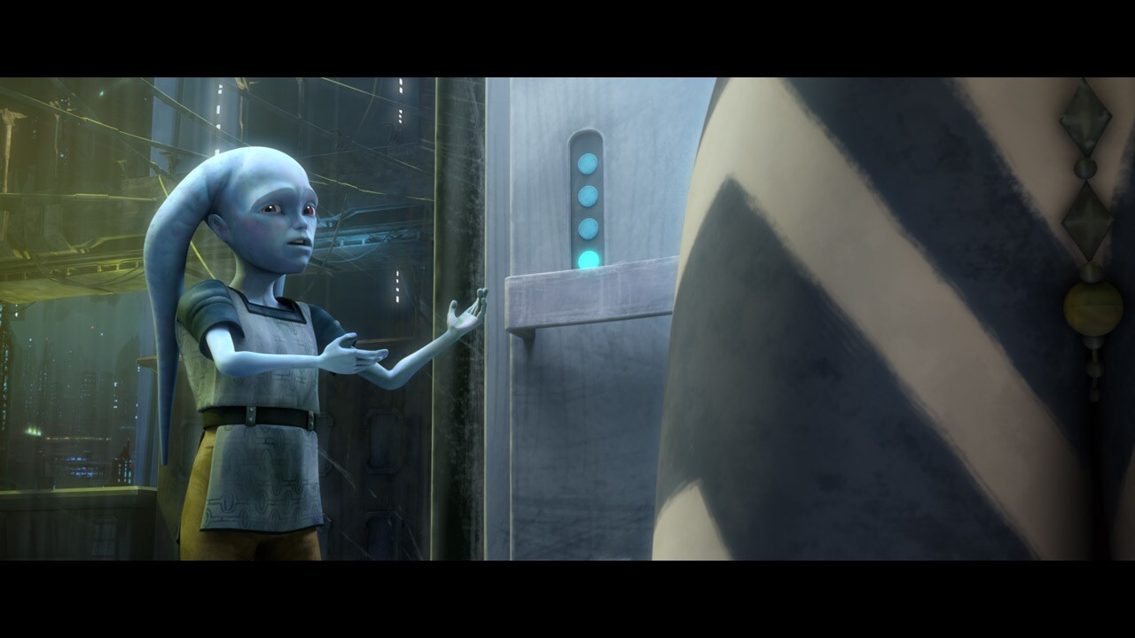 Ahsoka uses her lightsaber to cut a hole in the roof, but the boy has sense enough to push the em...