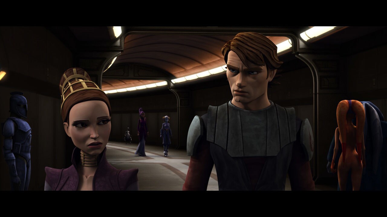 Anakin catches up with Padmé in the hallways of the Galactic Senate building. She again refuses t...