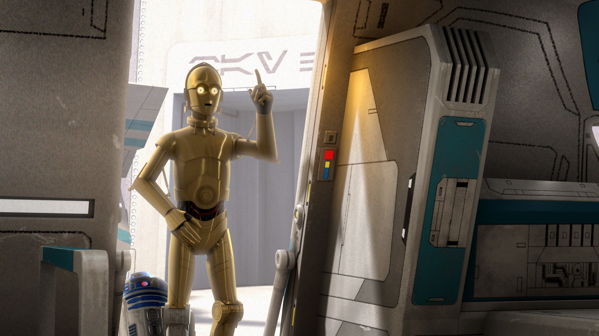 ...a droid named C-3PO. He boards the shuttle with his counterpart, an astromech called R2-D2.