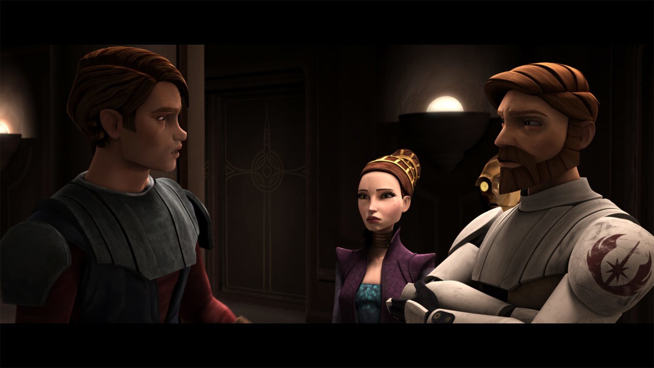 In the Senate building, Padmé Amidala and Obi-Wan Kenobi convince Anakin to speak to the Chancell...