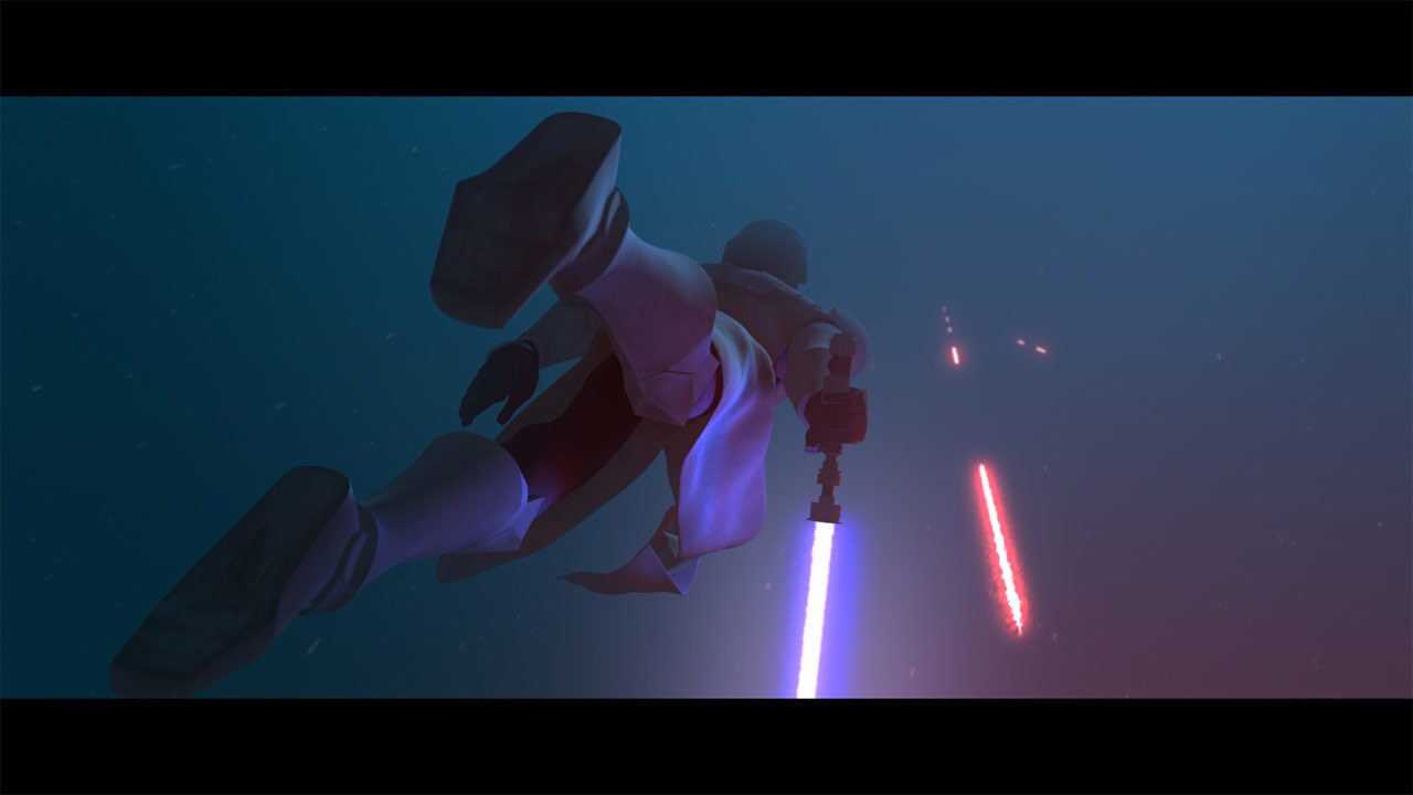 Obi-Wan Kenobi ejects from the escape pod, making a narrow escape from the aqua droids by riding ...