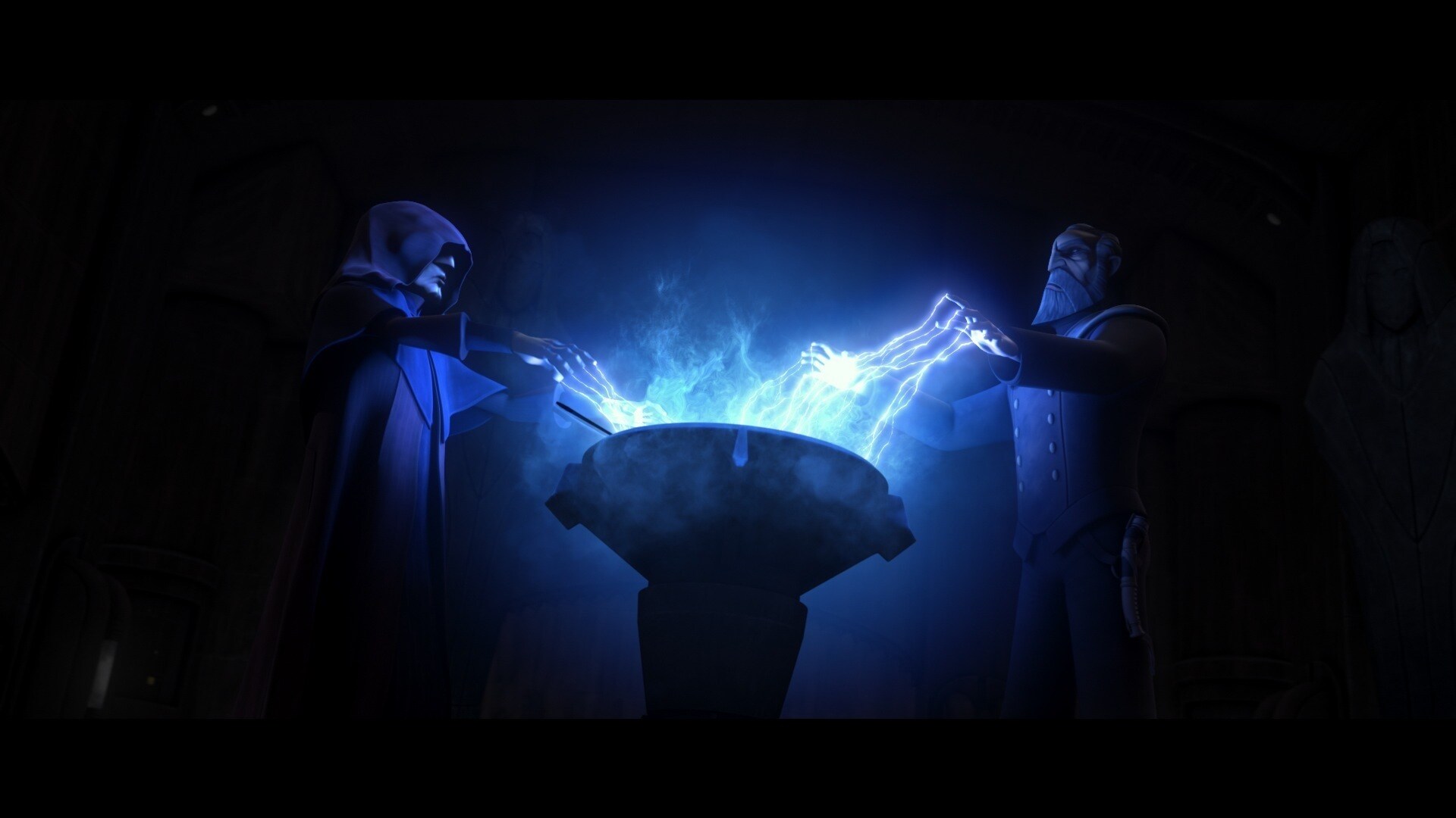 Producing a knife, Sidious cuts Dooku's hand, allowing a single drop of blood to fall into the wa...