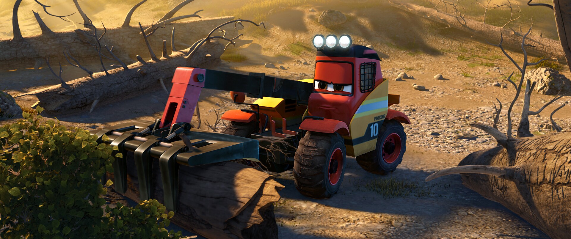 Pinecone (Corri English) clears brush in the movie "Planes: Fire & Rescue."