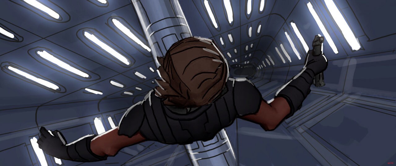 Concept art of overhead shot of Anakin balancing