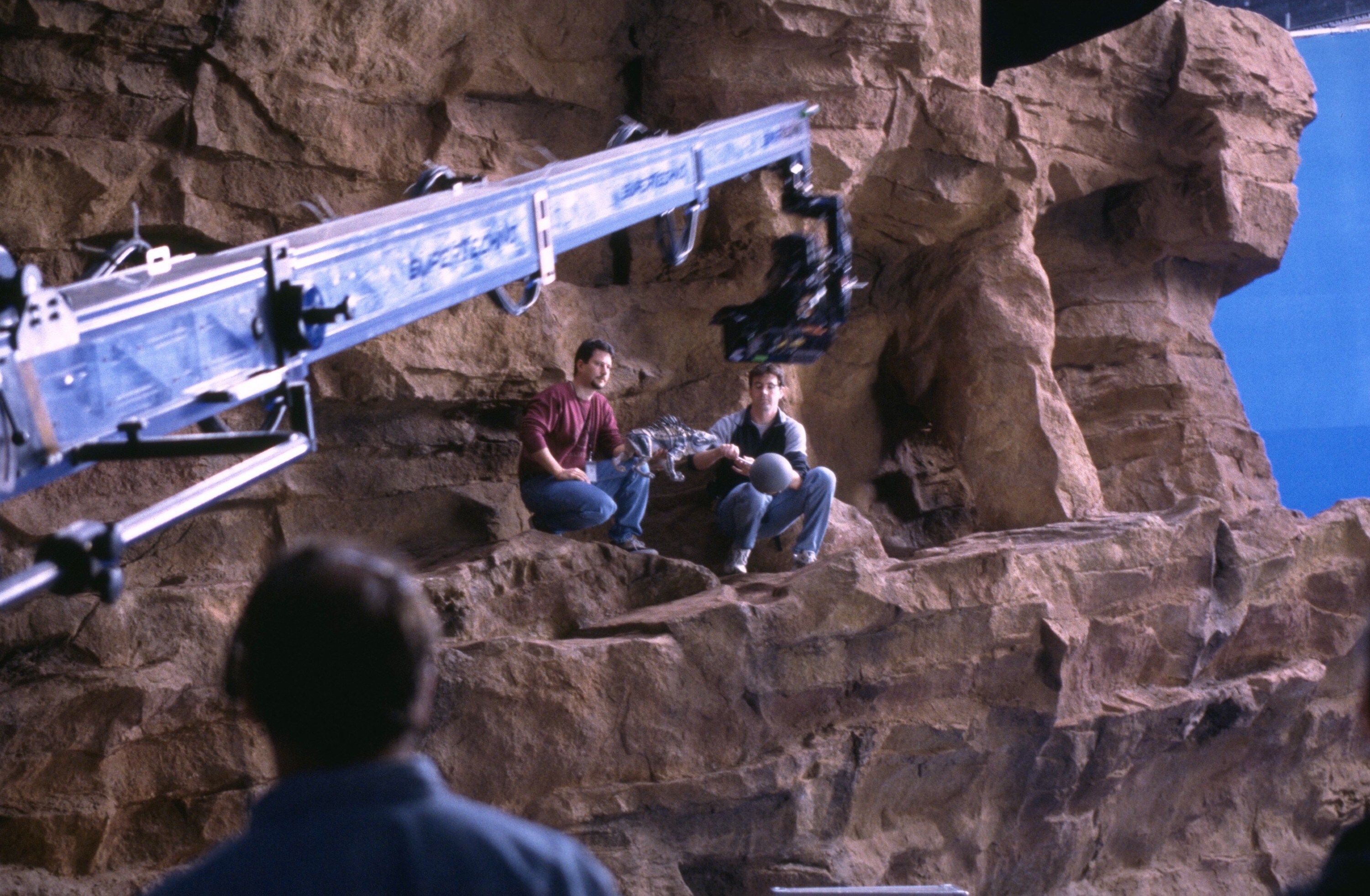 ILM's John Knoll and Jason Snell prepare for a shot on a Geonosis miniature.