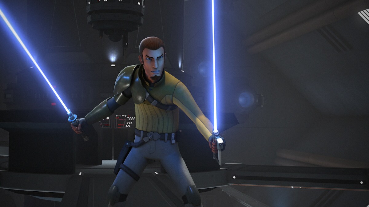 Kanan Jarrus wielding Ezra's lightsaber alongside his own