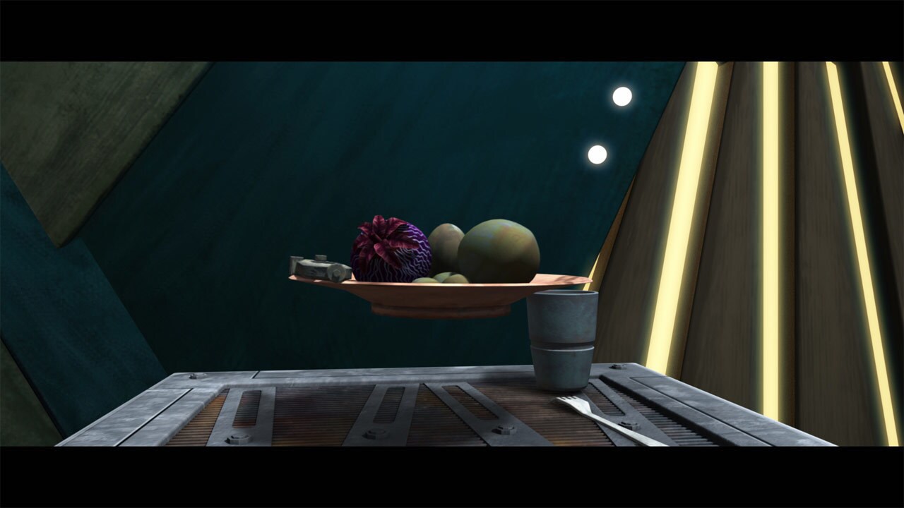 Meanwhile, at the pirate compound, Dooku uses the Force to lift a discarded plate of food toward ...