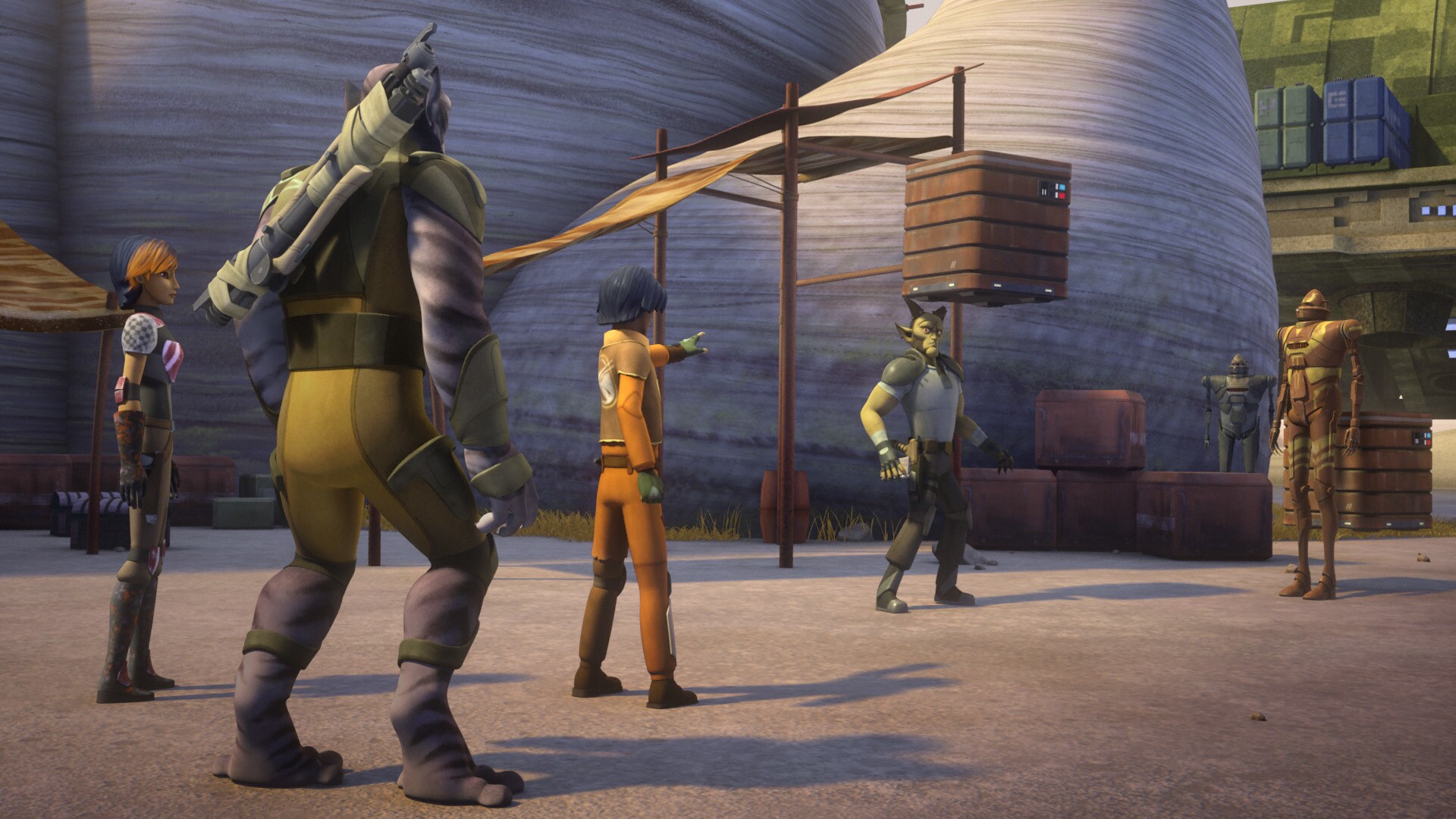 To prove himself, Ezra levitates a heavy crate over Vizago's head. The smuggler leaps to safety, ...