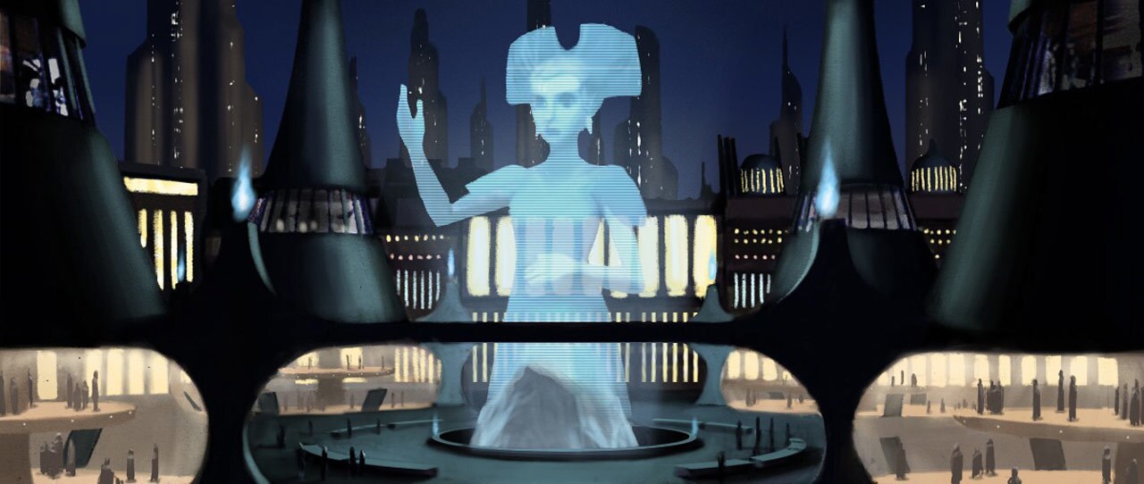Concept art of a holographic Amidala making her Senate address in a town square