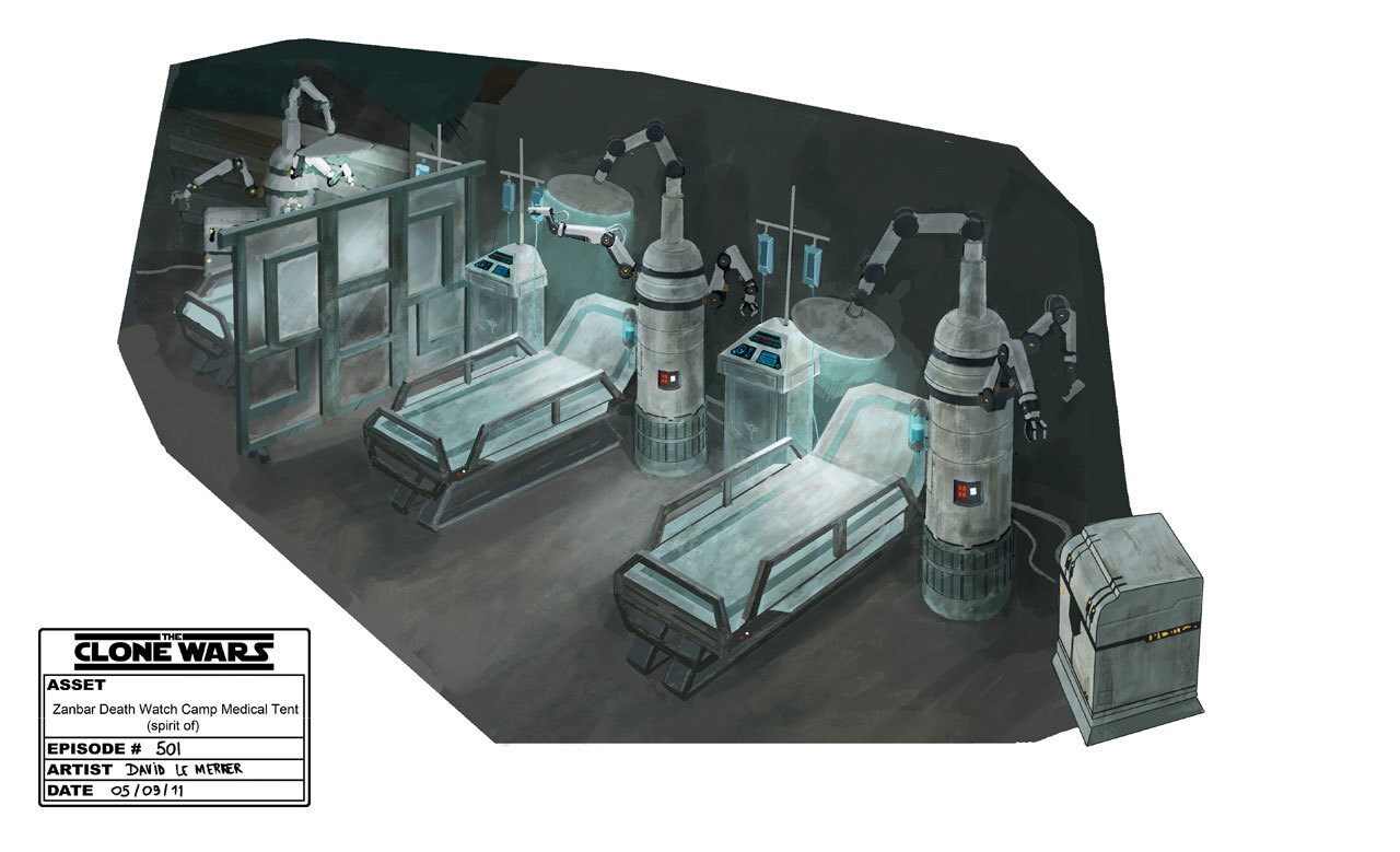 Zanbar Death Watch camp medical tent interior environment illustration by David Le Merrer. 