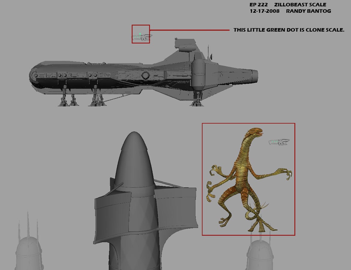 Concept art of the Zillo Beast and its scale compared to ships and clones