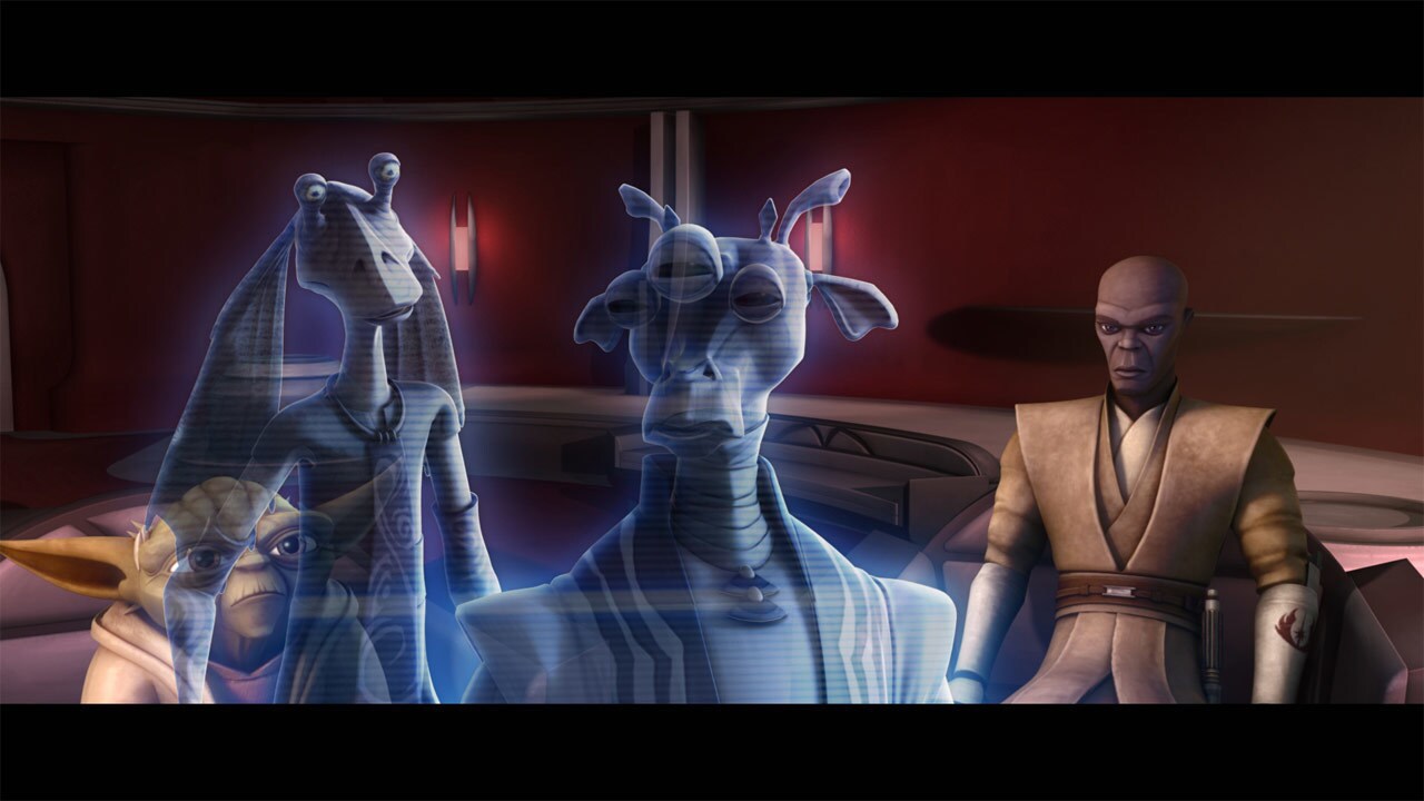 On Coruscant, the holographic form of Senator Kharrus checks in with Chancellor Palpatine, Yoda a...