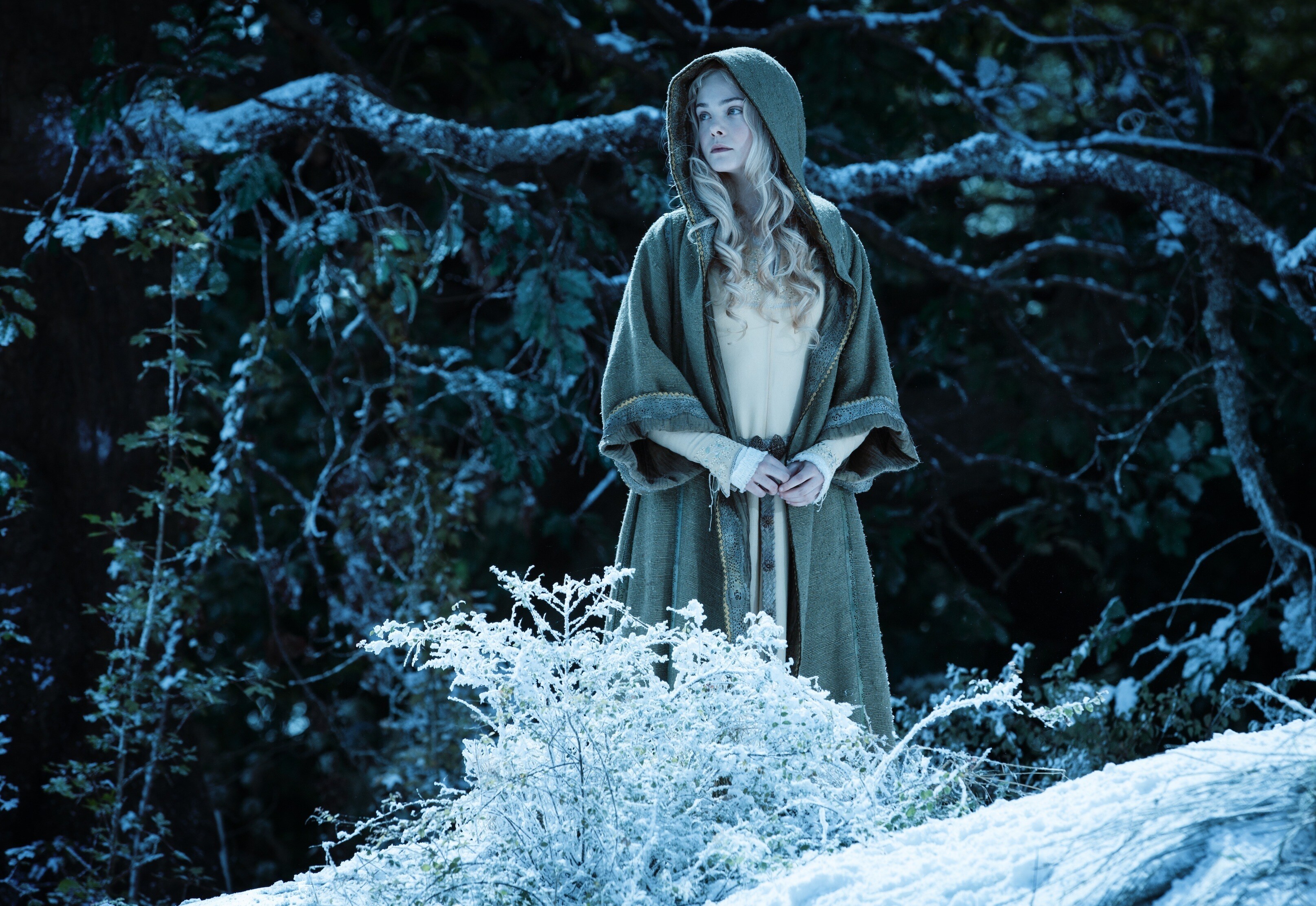 A hooded Elle Fanning as Aurora in the forest in the movie "Maleficent" 