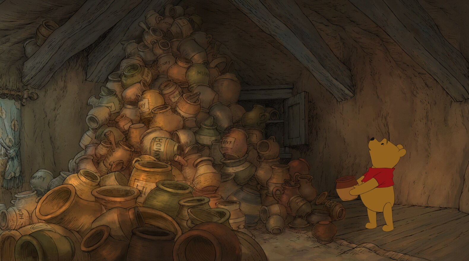 Pooh doesn't like discovering that all the honey is gone.